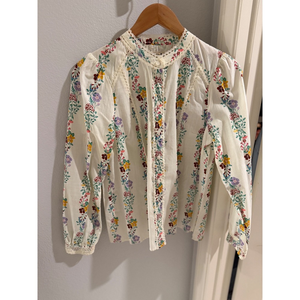 Boden Floral Lace Trim Cotton Blouse Ivory Multi Color Long Sleeve Top US 8